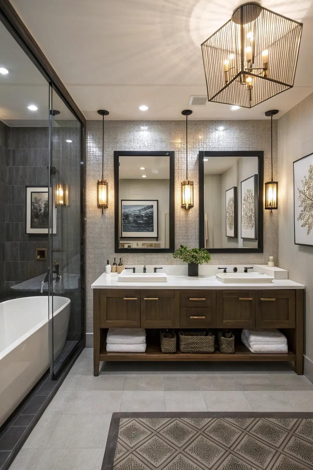 Dual washstands furnish both aesthetic appeal and pragmaticism.