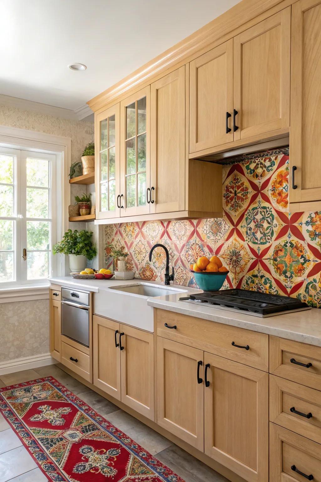 An audacious backsplash introduces a burst of color to enhance pale maple cabinets.