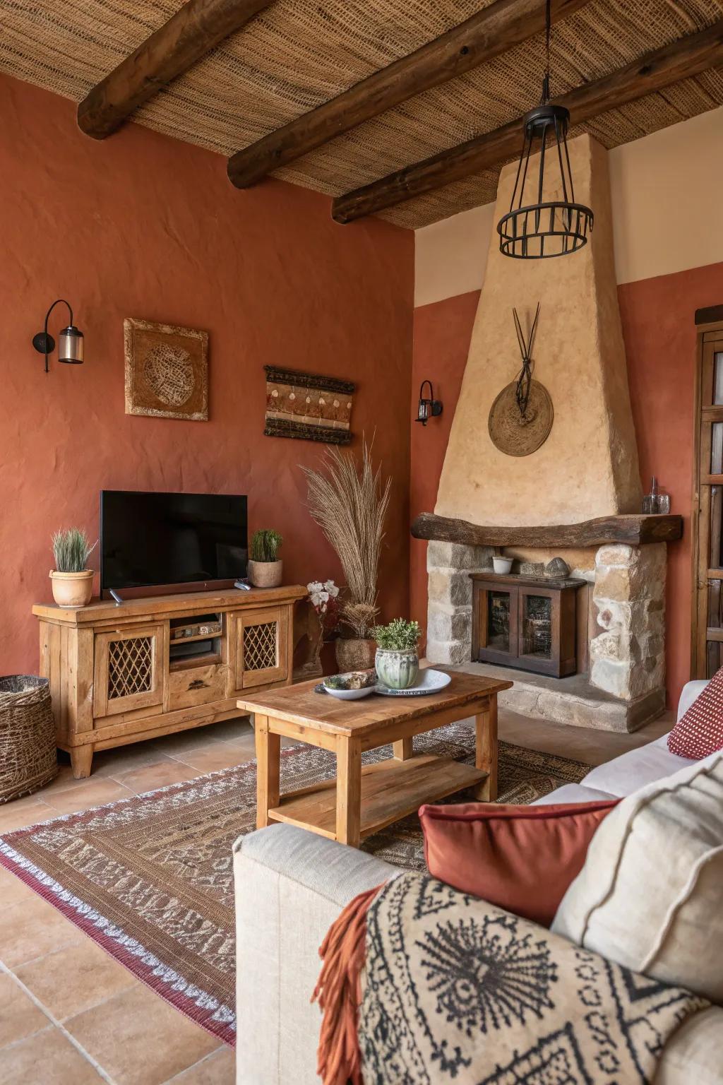 Walls in terracotta inject warmth and rustic appeal into this welcoming living space.