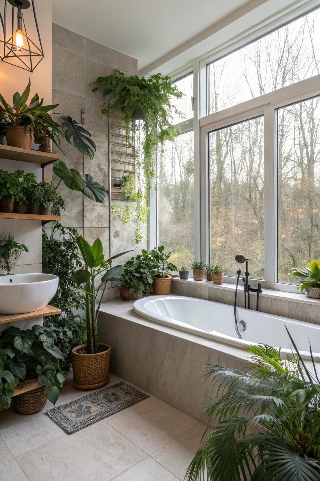 Indoor plants introduce freshness and a natural touch to this bathroom.
