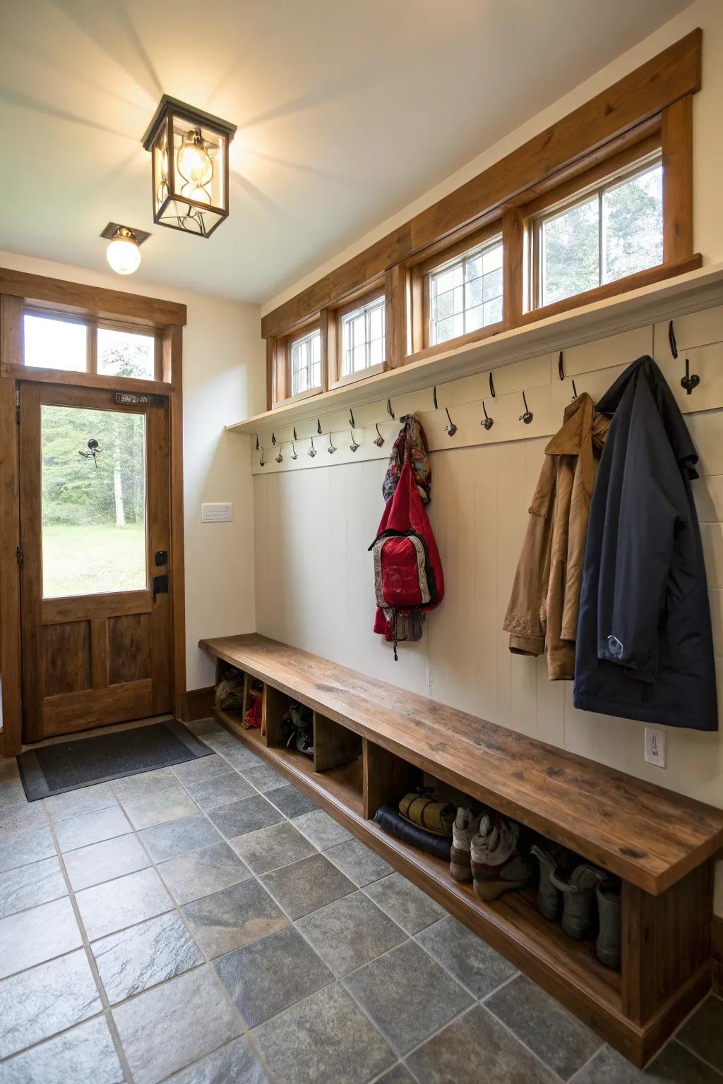 Natural and overhead lights brighten up the mudroom.