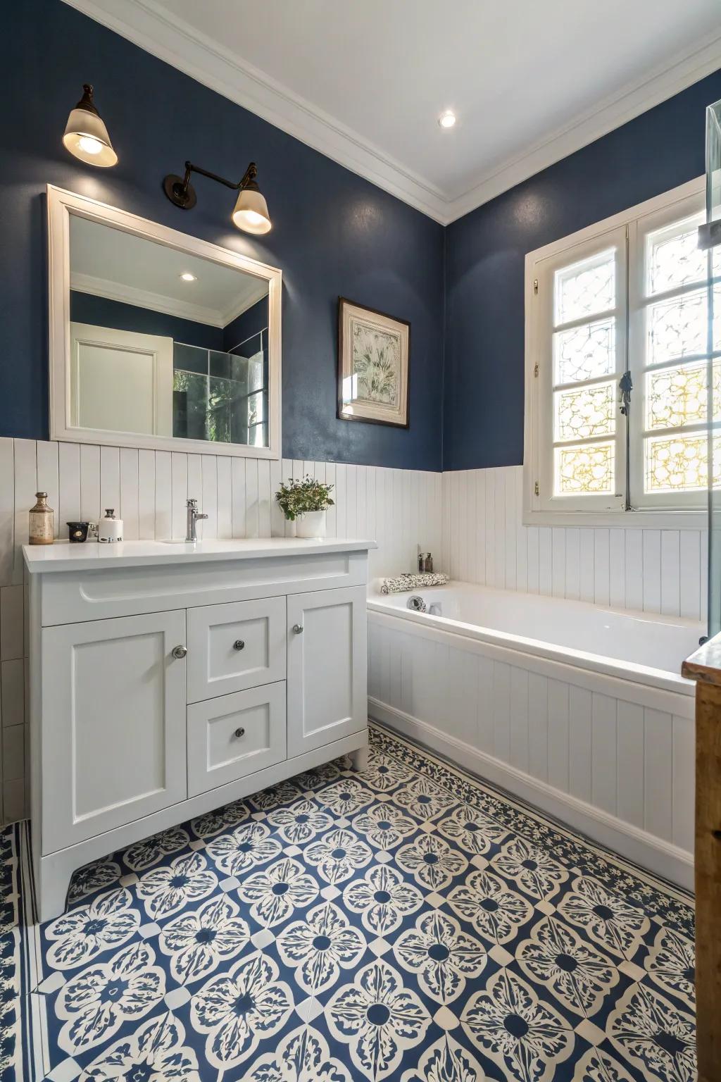 Patterned flooring imparts texture to a midnight blue bathroom.