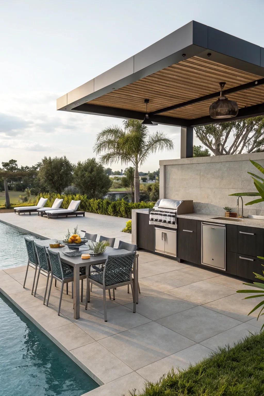 A poolside kitchen that offers the perfect blend of fun and functionality.