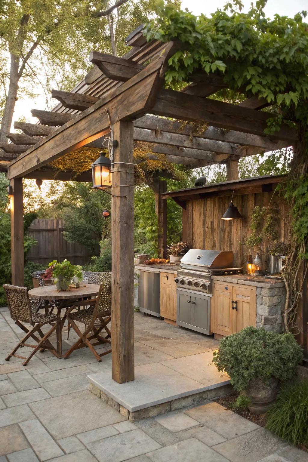 Rustic pergola meticulously crafted from reclaimed timber.