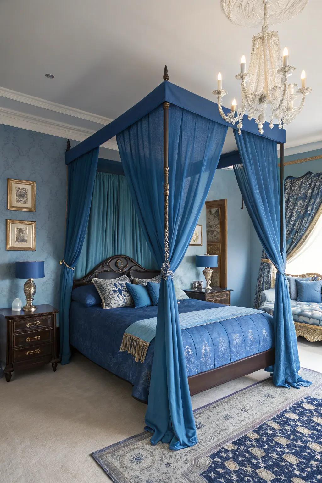 A four-poster bed adds drama and classic elegance to the sapphire blue bedroom.
