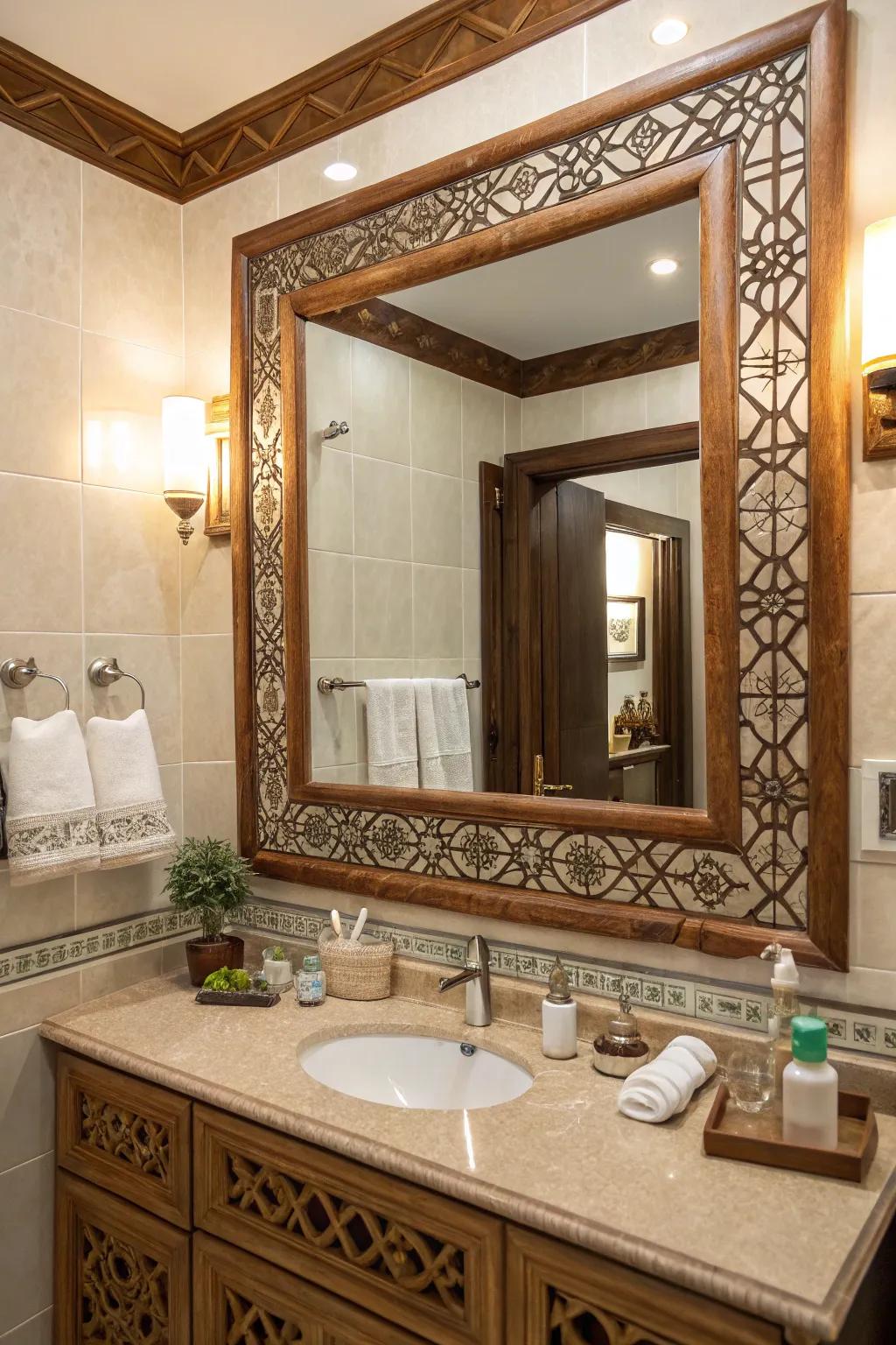 An ornamental looking glass contributes sophistication and reflects the rustic style attractively.