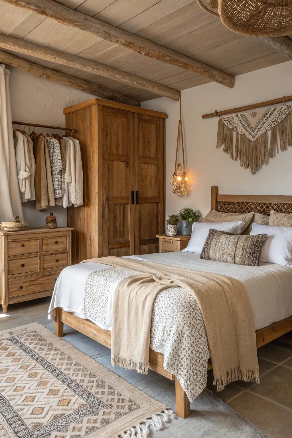 Organic materials incorporate depth and warmth to a modern shabby chic bedroom.
