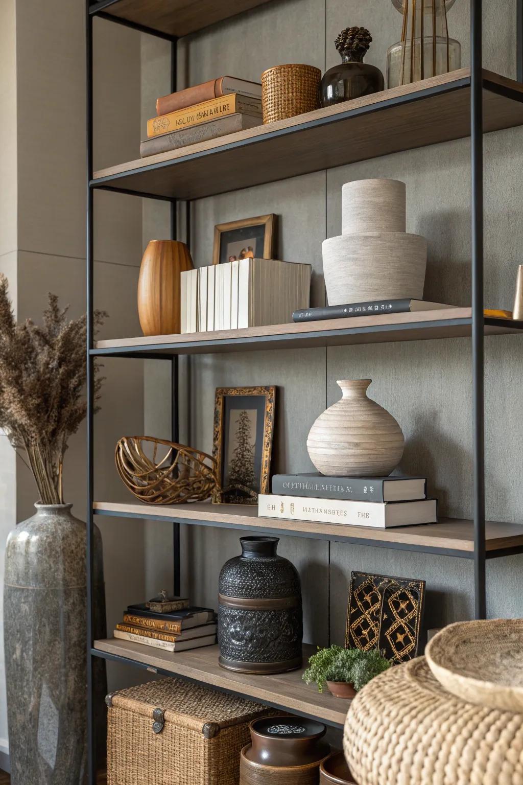 Enhance your decor with layered shelf arrangements.
