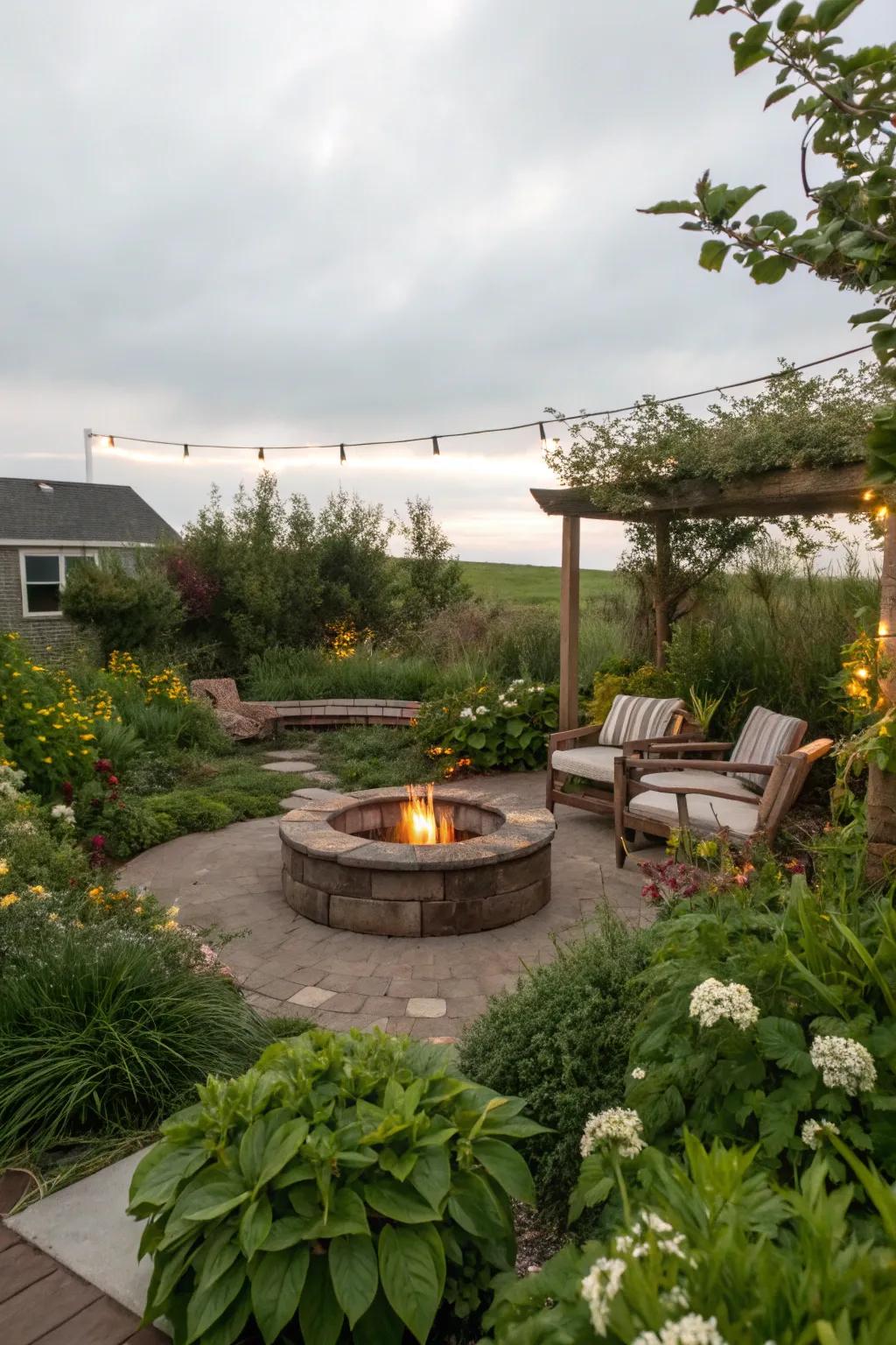 A fire pit providing a warm focal point in a small garden.