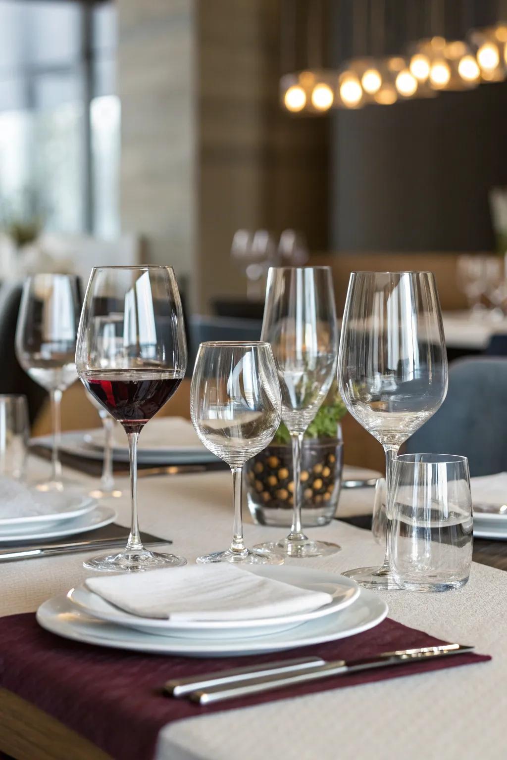 Varied glassware elevates the dining affair.