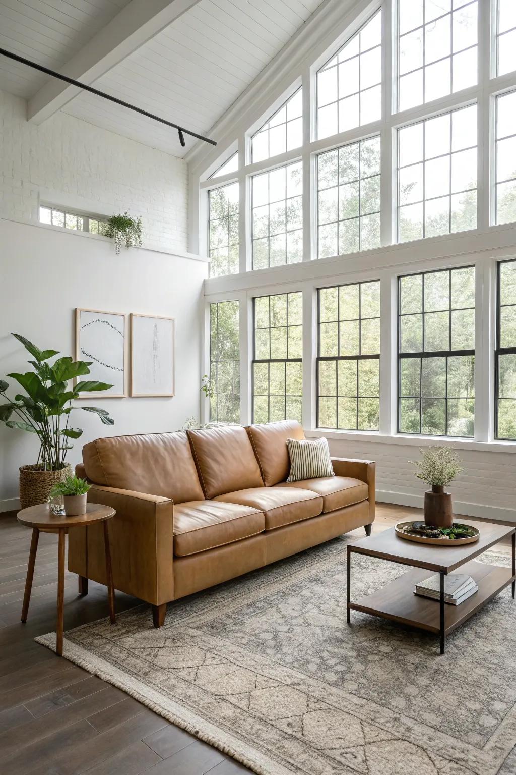An unobstructed arrangement enhances the allure of a tawny hide couch.