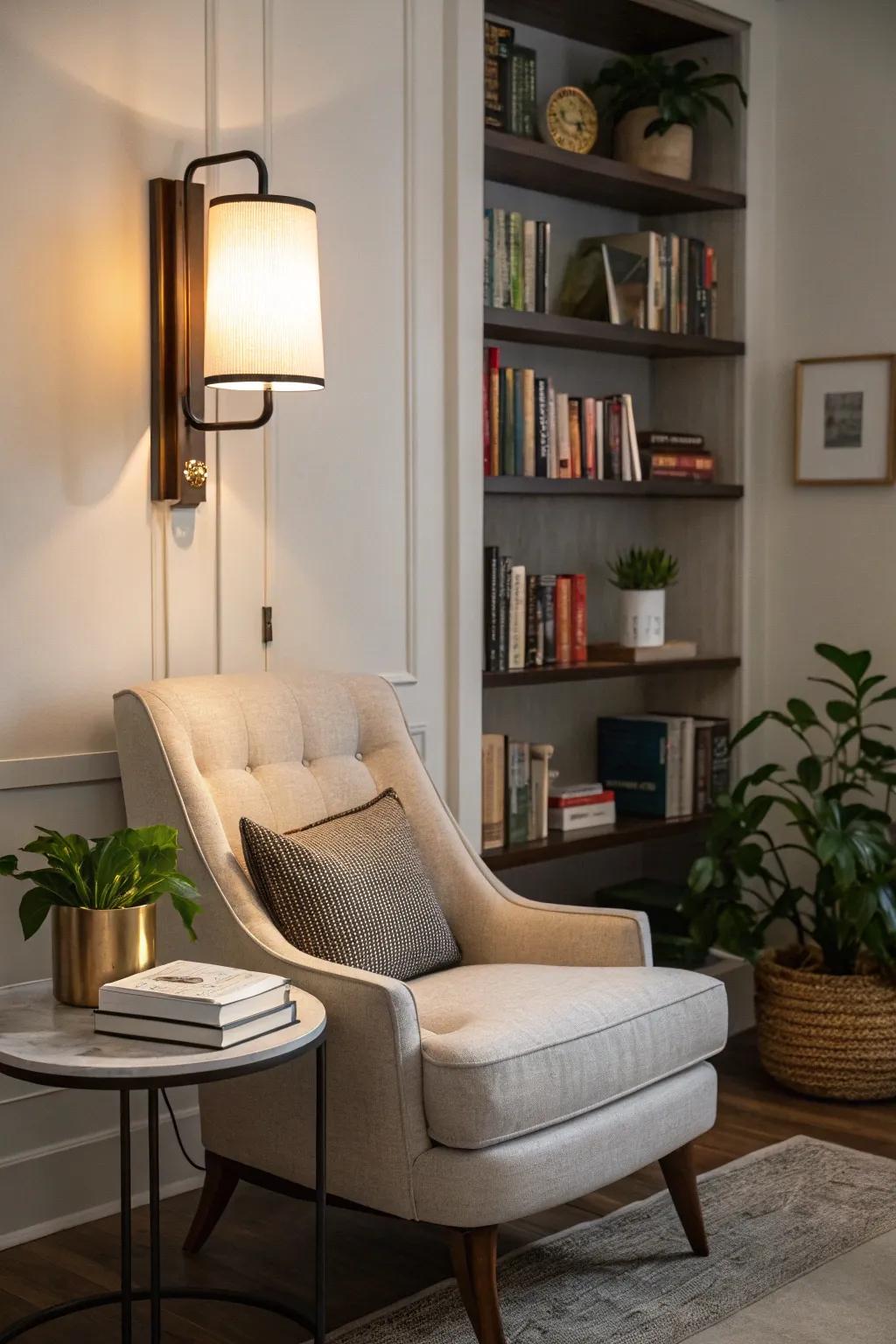 A sleek wall lamp contributing light and elegance to a reading spot.