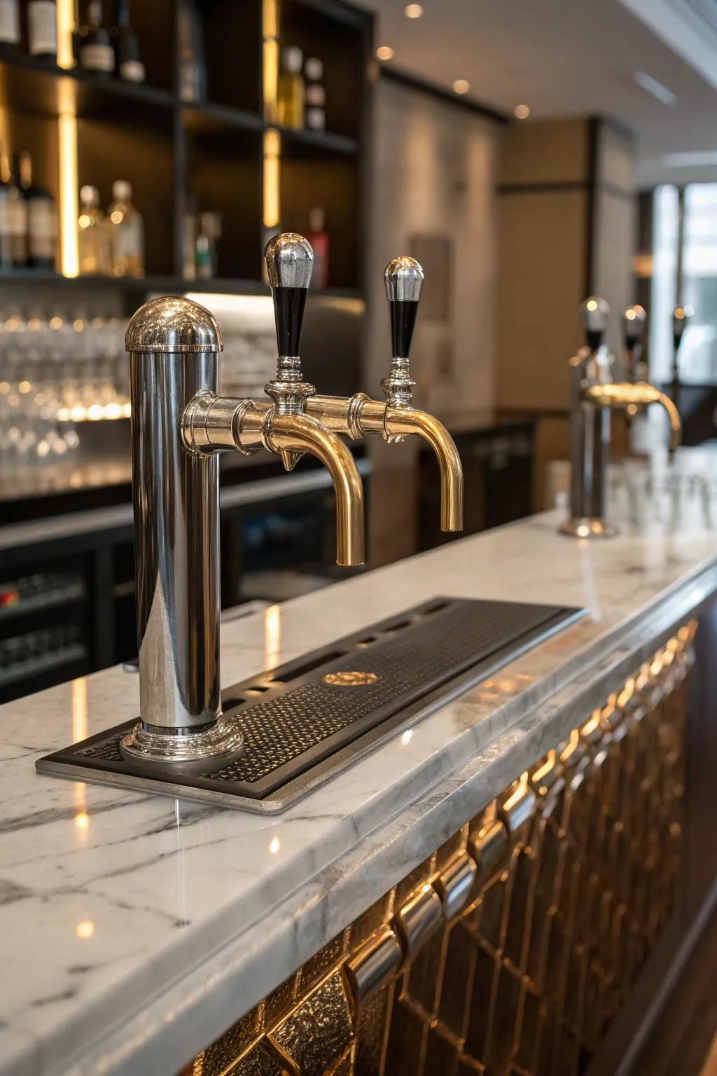 Metallic accents elevate the gracefulness of a contemporary wet bar.