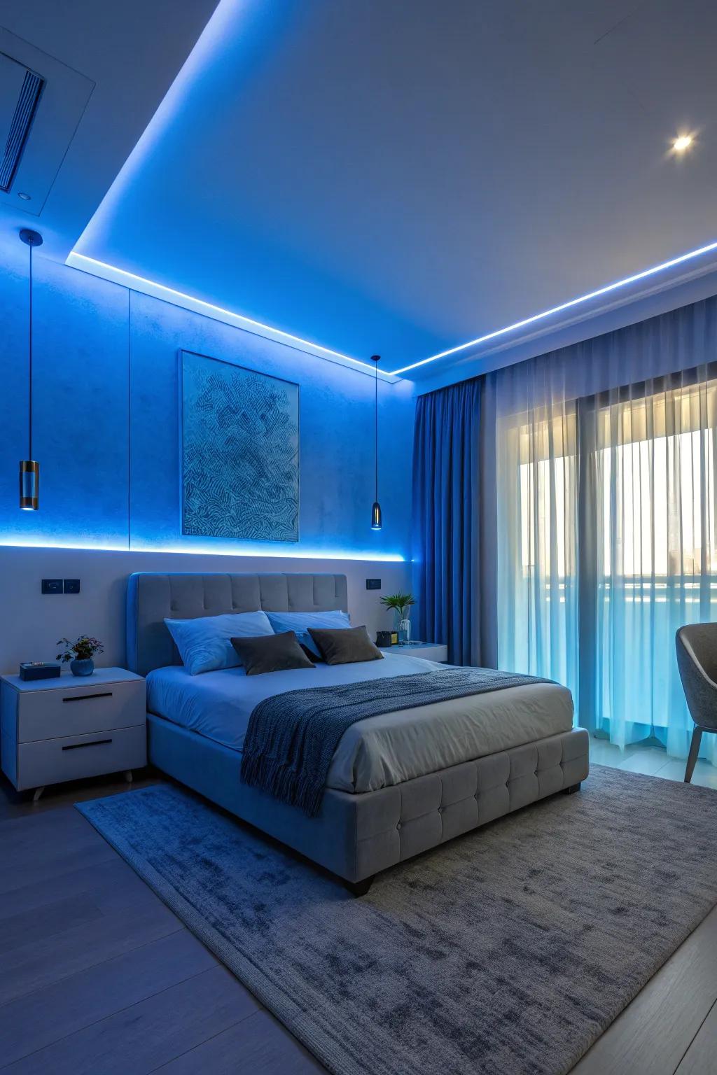 Cool azure tones for a serene bedroom vibe.