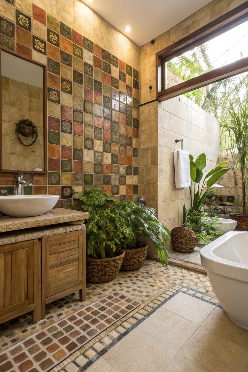 An environmentally-aware bathroom exhibiting renewable mosaic tiles.
