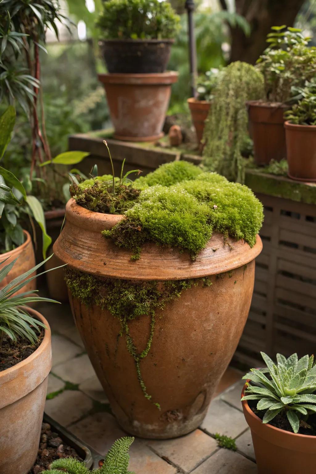 A heated clay container crowned with vegetation, infusing texture and vitality.