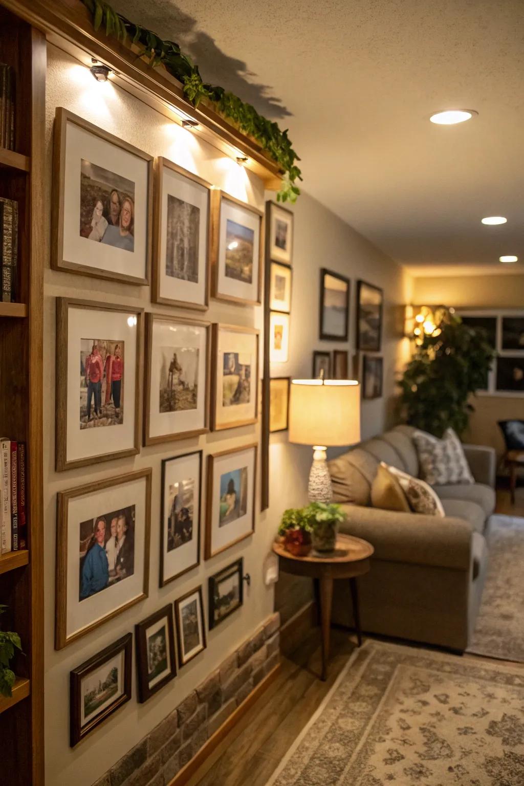 A photo wall display infuses a personalized element into the decorative scheme.