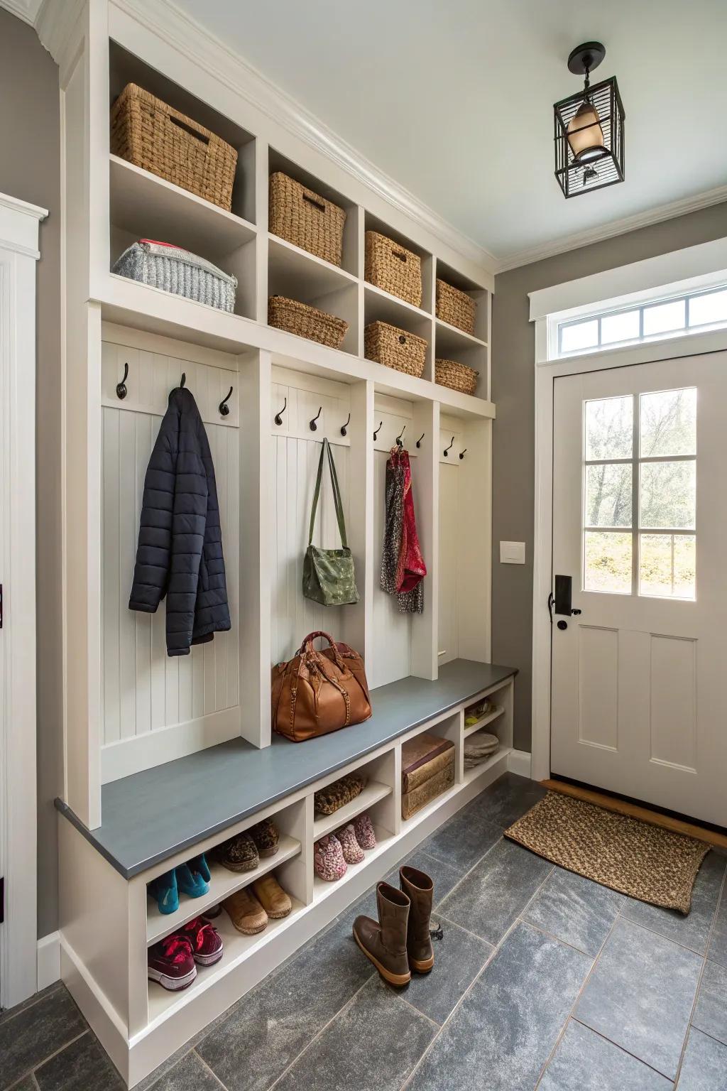 Mudroom designed as a miniature closet with ample storage.