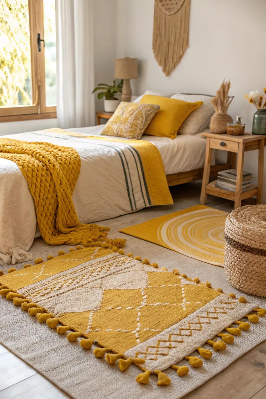 A sleeping chamber showcasing stratified floor coverings highlighting amber ornamental touches.
