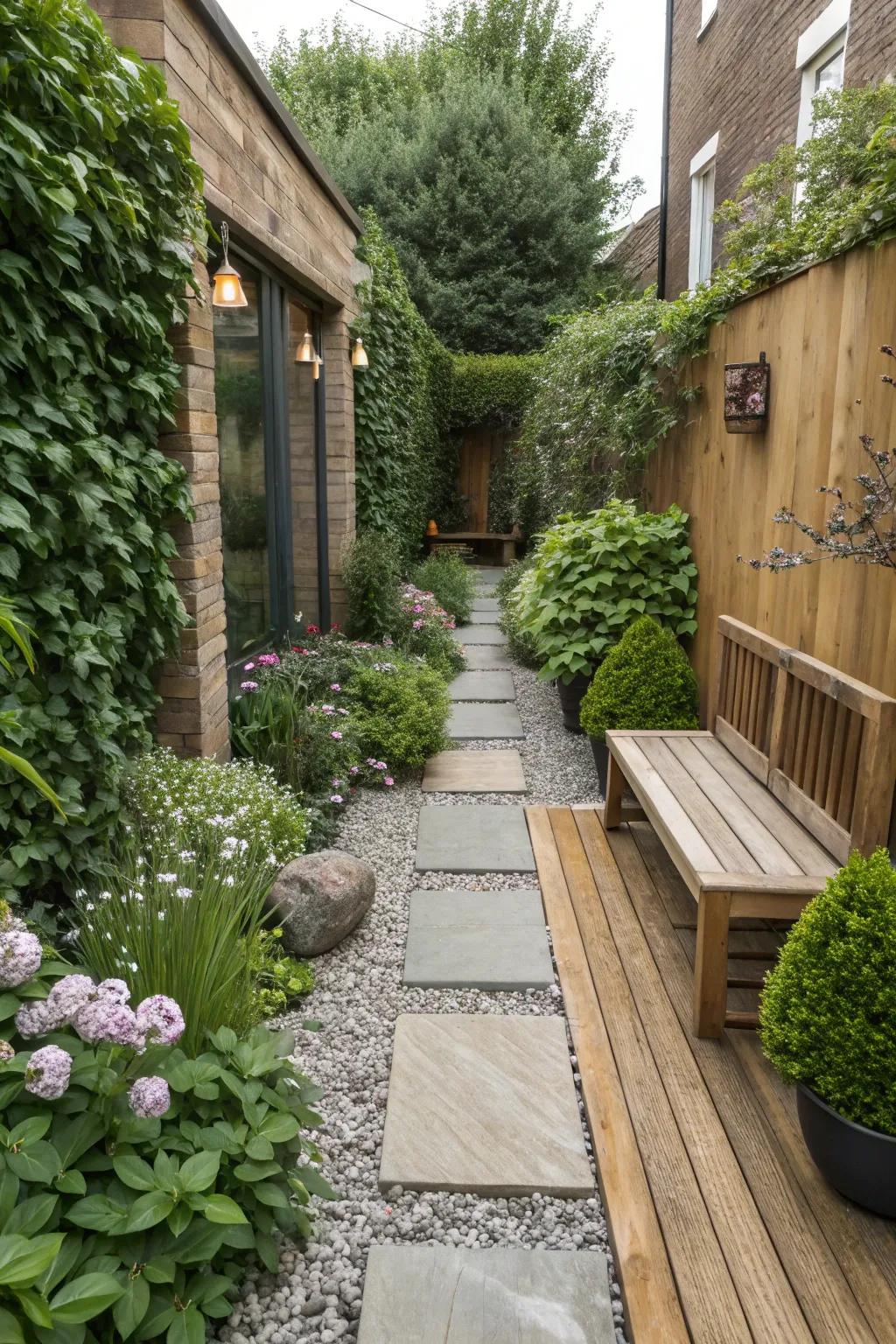 A fusion of elements introduces texture and intrigue to a narrow garden.