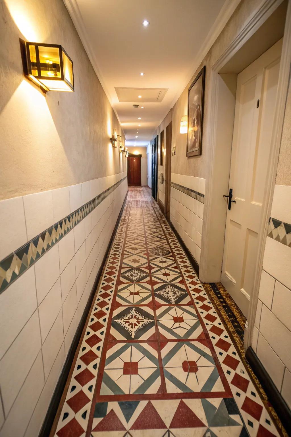 Daring flooring establishes an arresting visual declaration in a slender entryway.