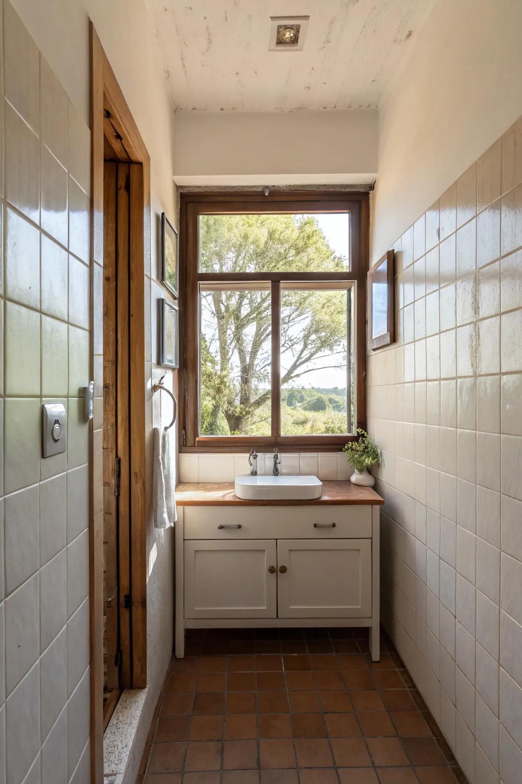 Natural illumination adds openness and coziness in compact bathrooms.