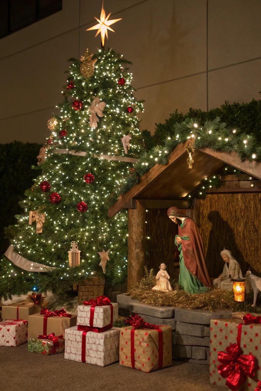 A whimsical nativity scene nestled under the Christmas tree.
