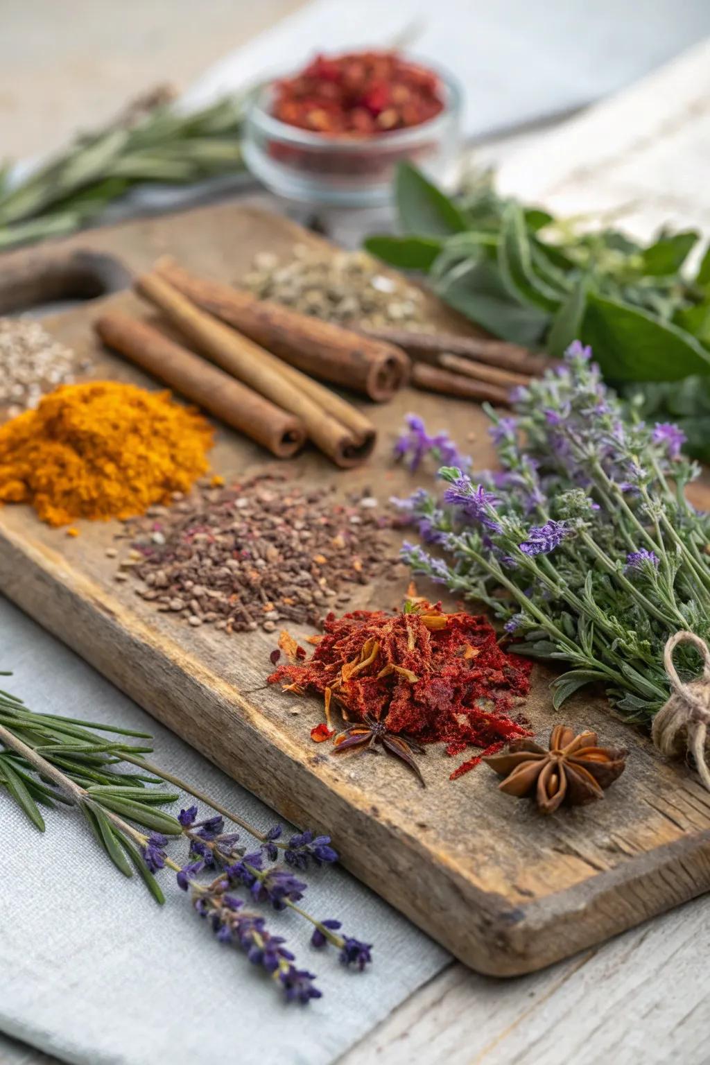 An aromatic arrangement employing desiccated herbs and seasonings.