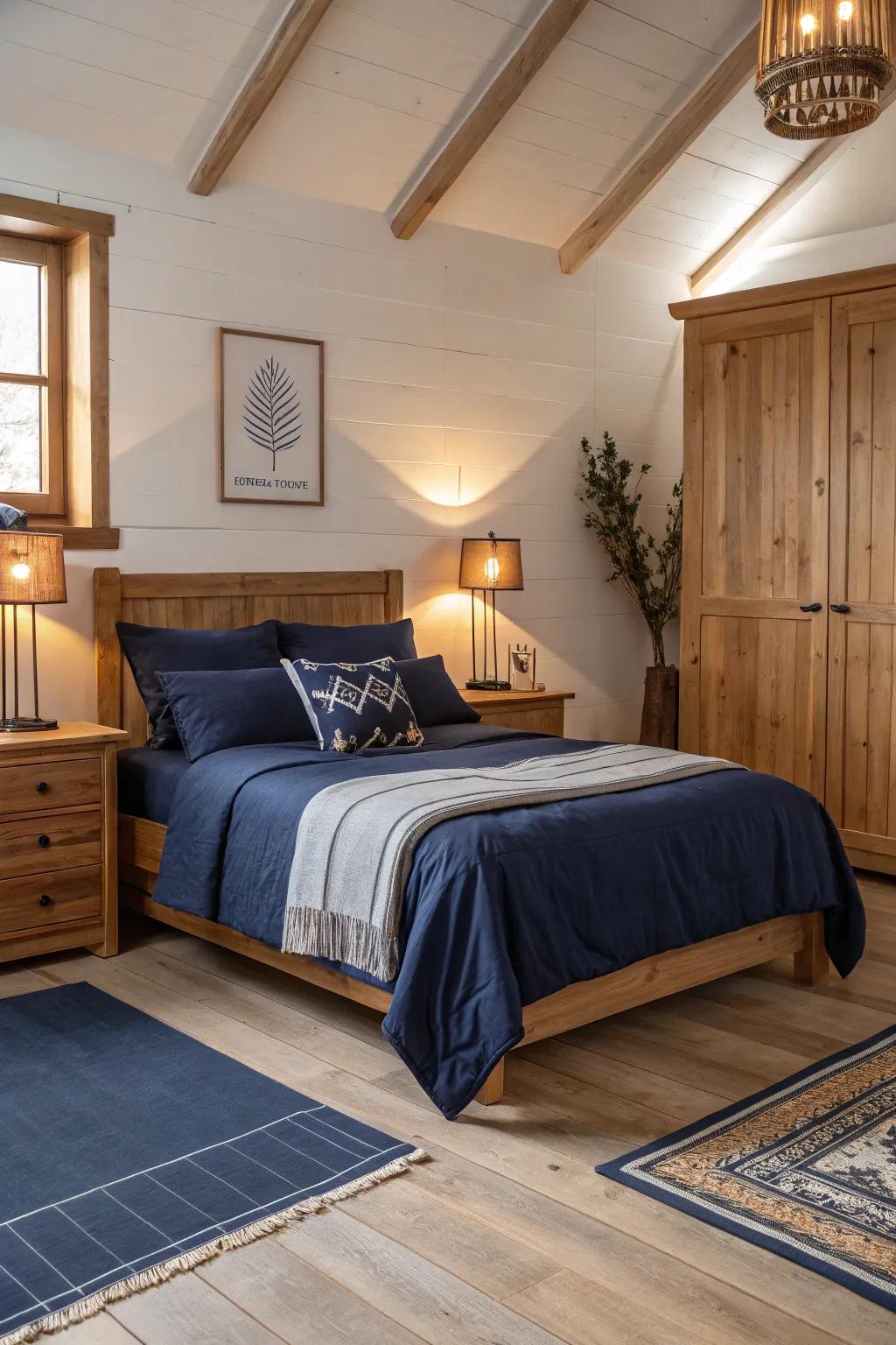 Create warmth by pairing dark blue with natural wood elements.