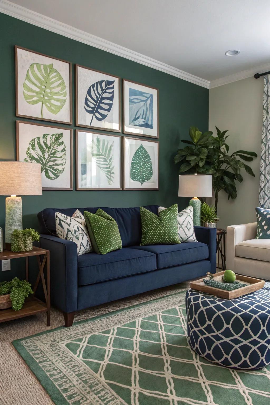 Art pieces effectively complement the abyssal and emerald theme.