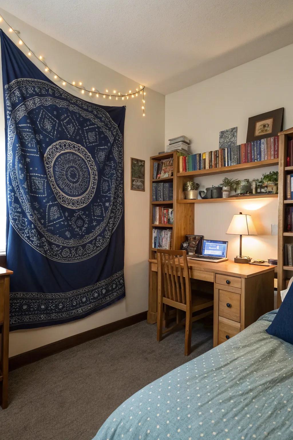 A bohemian tapestry infuses texture and individuality within your dorm décor.
