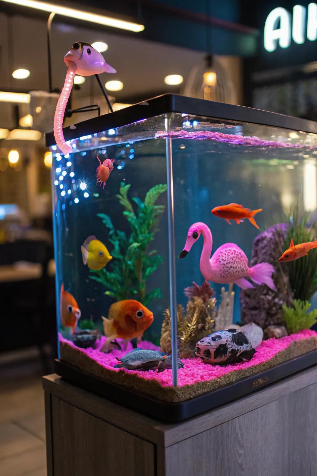 Fluorescent accessories fashion a whimsical and singular aquarium arrangement.