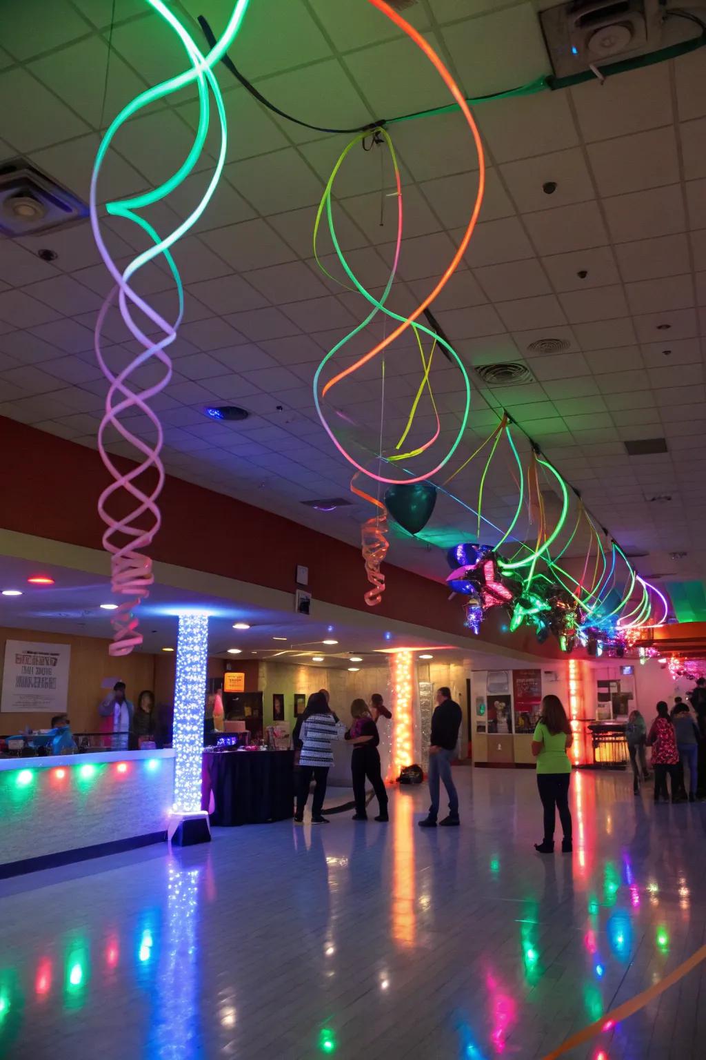 Suspended neon ribbons and cords crafting a dynamic ambiance within a radiant celebratory room.