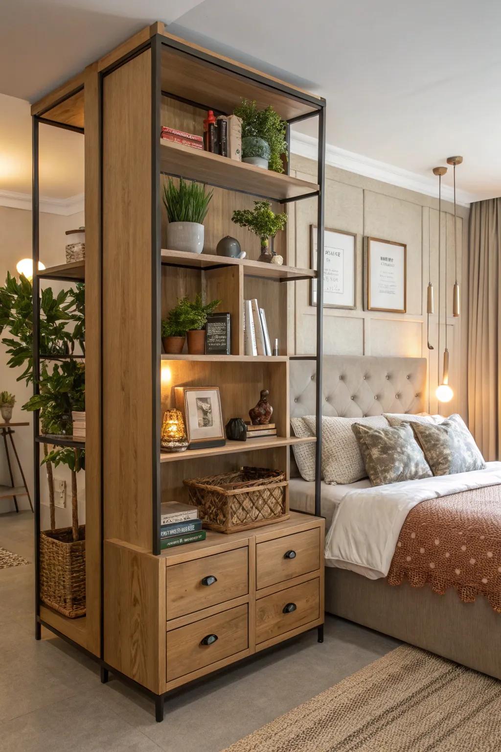 Room partitions are capable of functioning as voguish storage solutions.