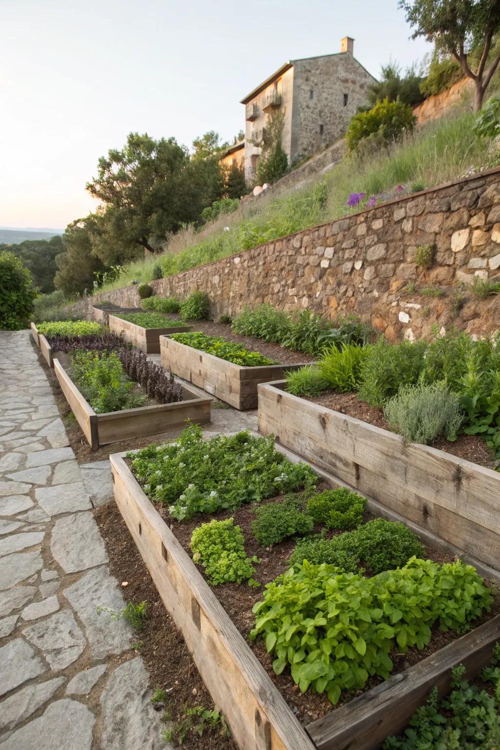 A practical and beautiful garden with elevated beds on a slope.