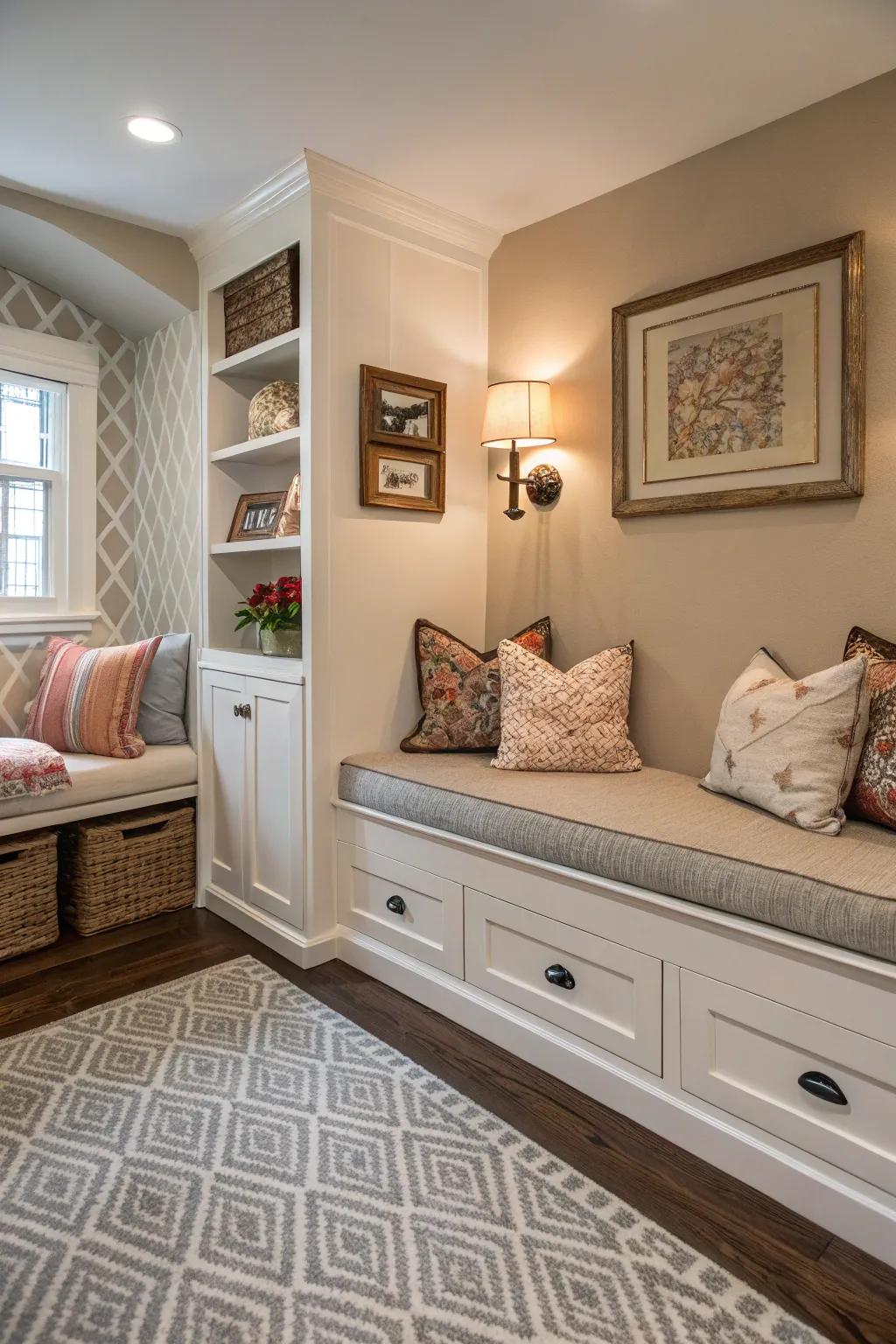 A stylish nook featuring integrated drawers for unobtrusive storage options.