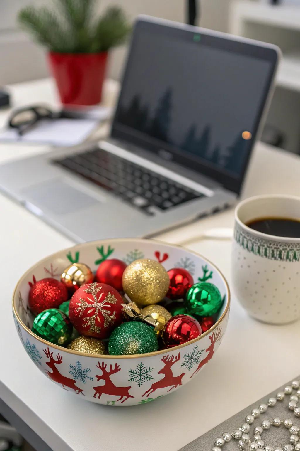A bowl of baubles constitutes a breathtaking celebratory centerpiece.
