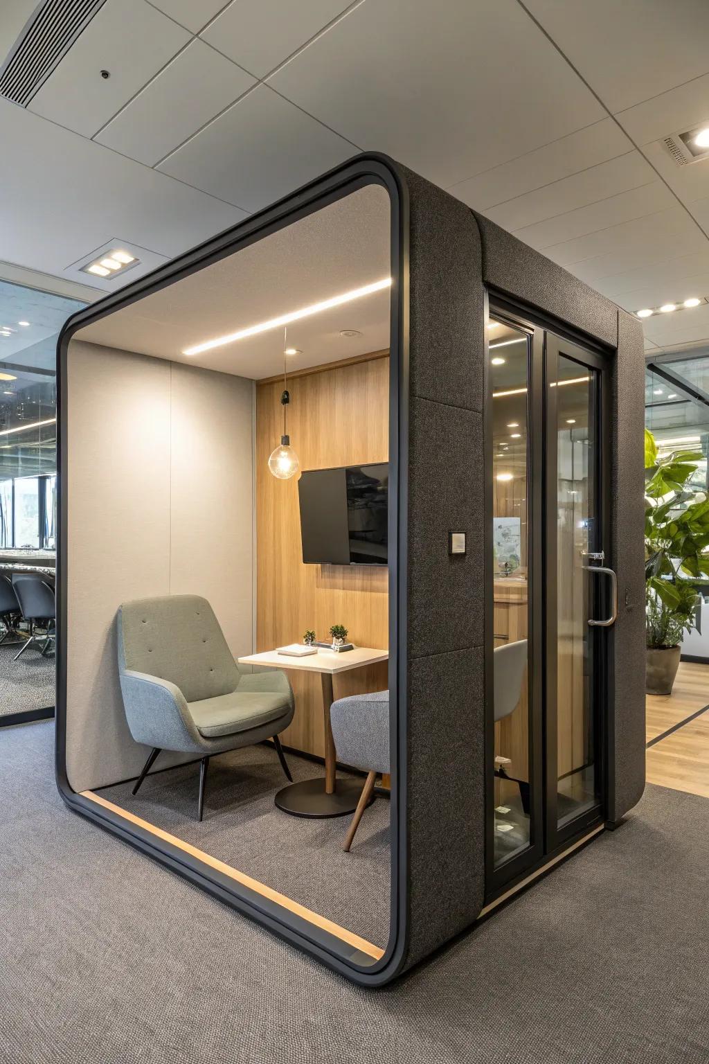 A secluded pod providing isolation in a bustling workplace.