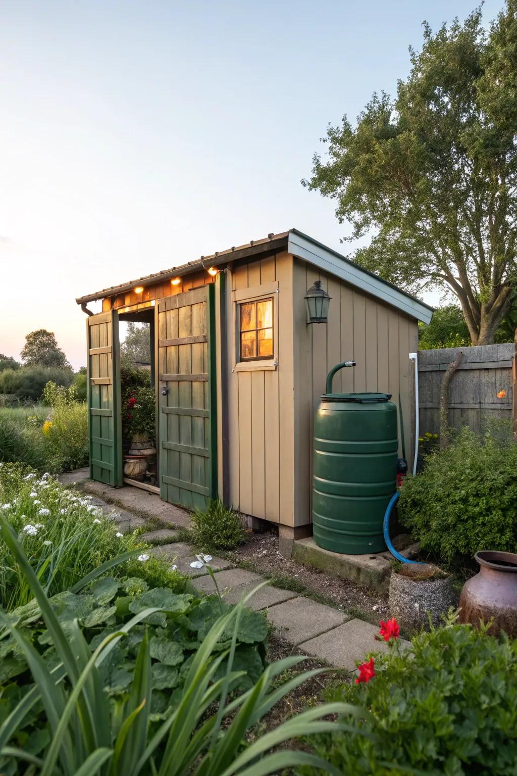 A garden house that intelligently conceals a fuel container, painted to blend with its surroundings.