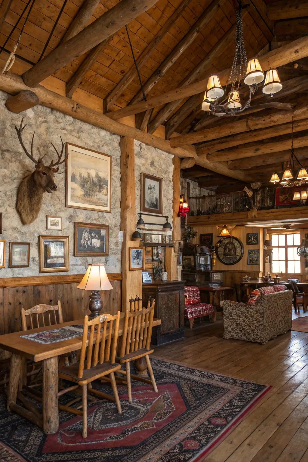 A lodge interior showcasing appealing heritage and classic decor pieces.