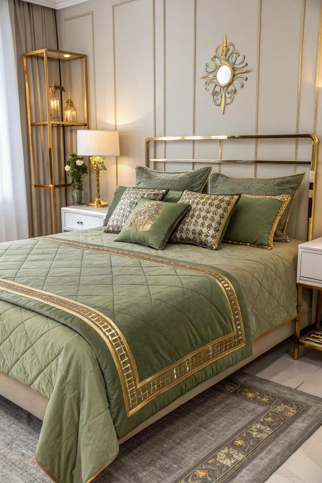 Gilded accents raise the elegant aesthetic of <strong><em>olive green bedding</em></strong>.” loading=”lazy” class=”pimg”>
	</picture><figcaption>Gilded accents raise the elegant aesthetic of <strong><em>olive green bedding</em></strong>.</figcaption></figure>
<p>Unite olive green bedding with refined gold accents for an added element of sophistication. This combination yields an elegant aesthetic, which I consistently recommend for those seeking an understated yet lavish feel.</p>
<h3>Consider these options:</h3>
<ul class=