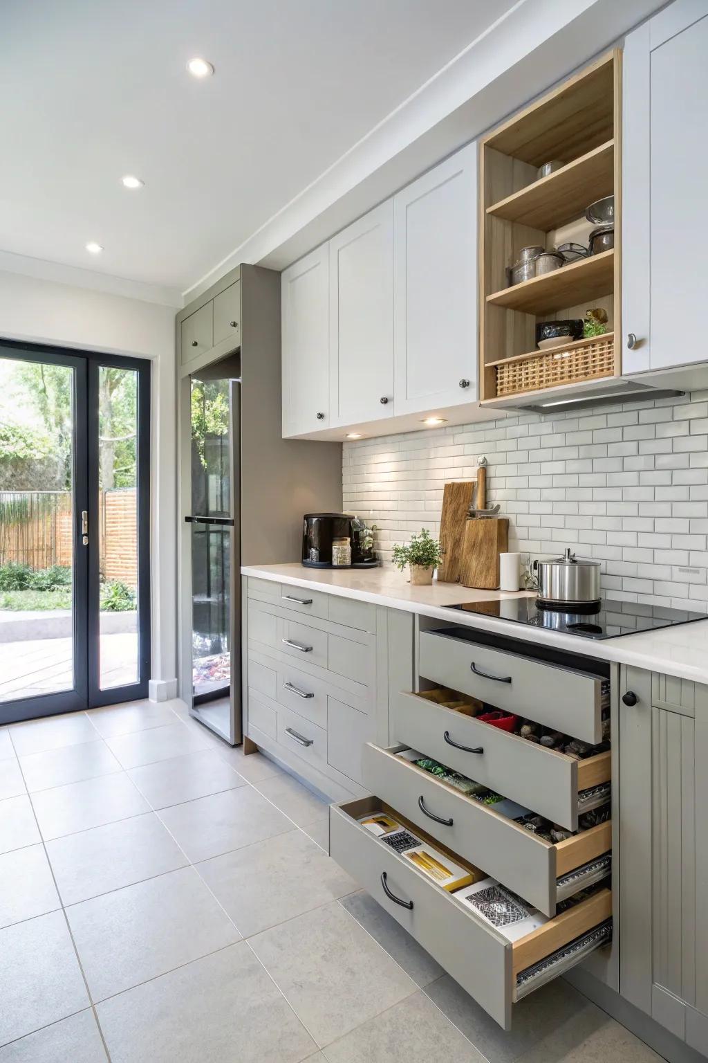 Groundbreaking storage options maintain a kitchen organized and tidy.