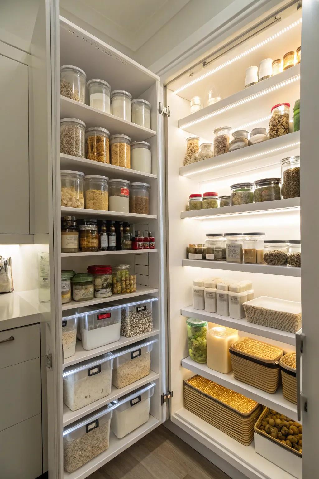 LED lighting enhances the visibility and decor in the pantry.