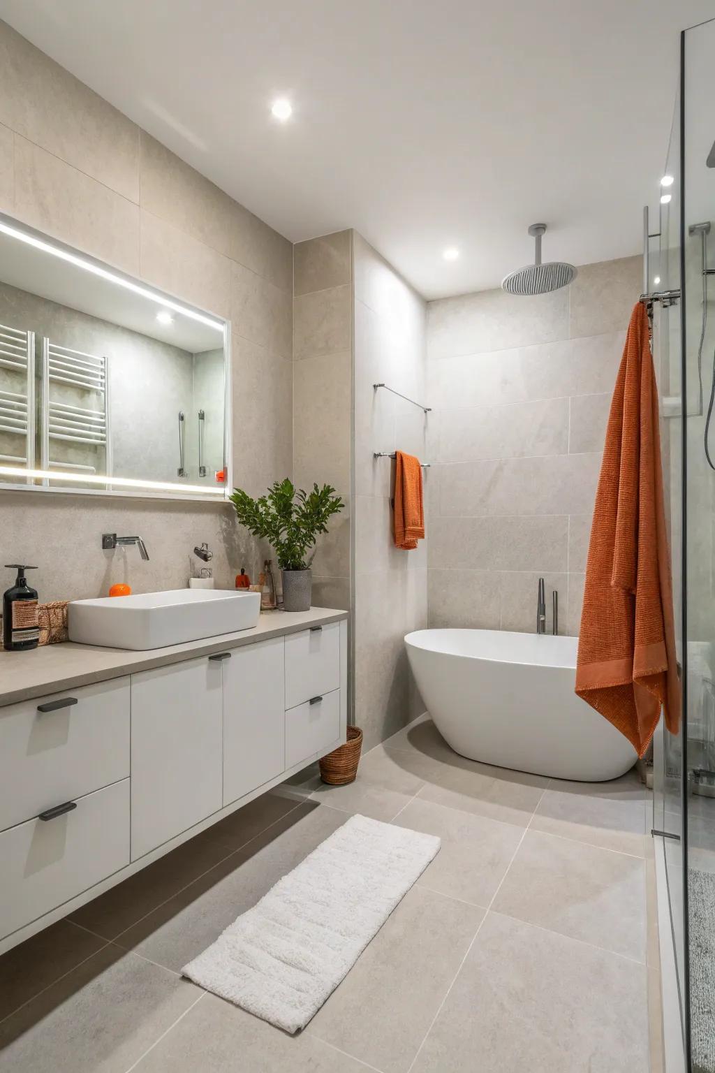 A minimalist bathroom featuring neutral tones and sparing orange decor.