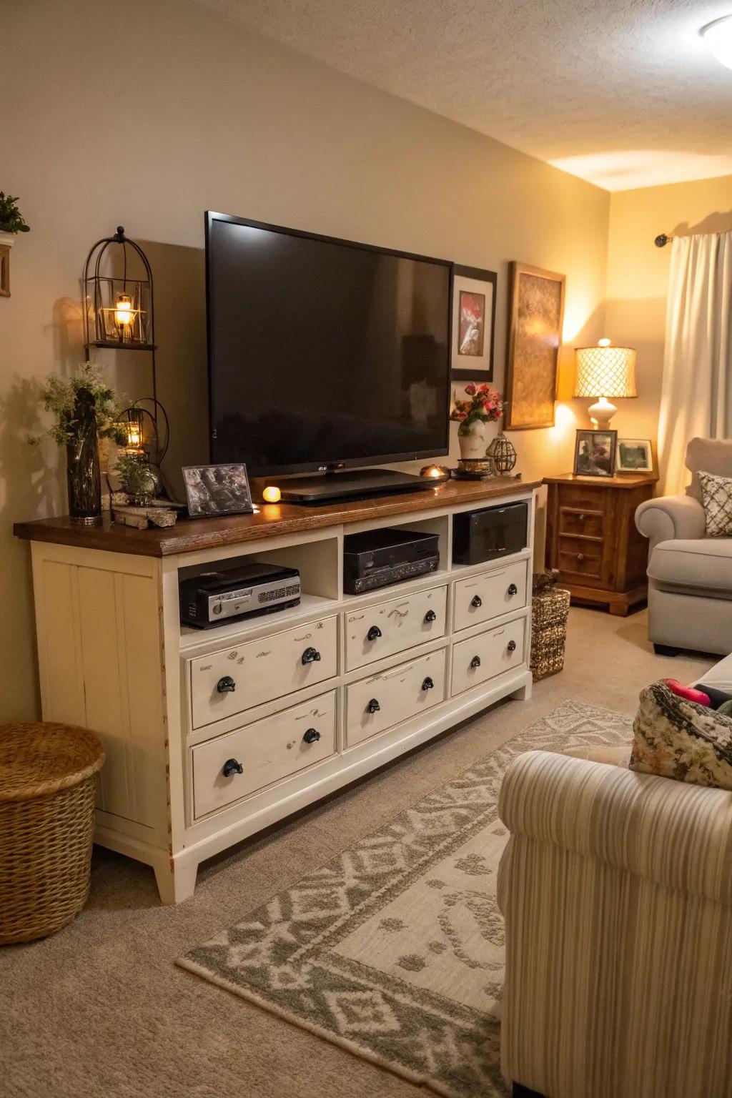 Using a dresser as a media hub optimizes storage space.