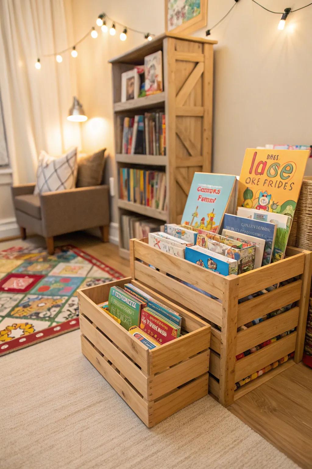 Customizable storage using crates that stack.