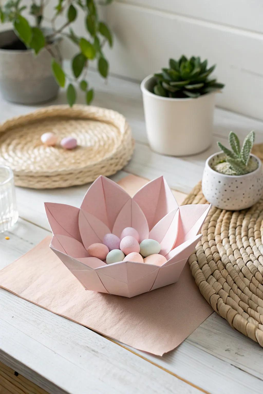 Indulge in the elegance of simplicity with this charming origami flower bowl, perfect for holding sweet treats and adding a handmade touch to any space.