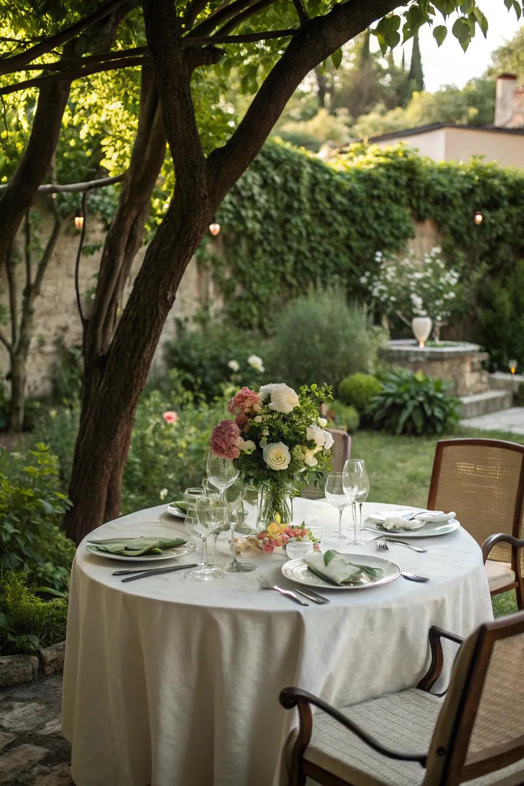 A sequestered feasting locale within an opulent garden milieu.