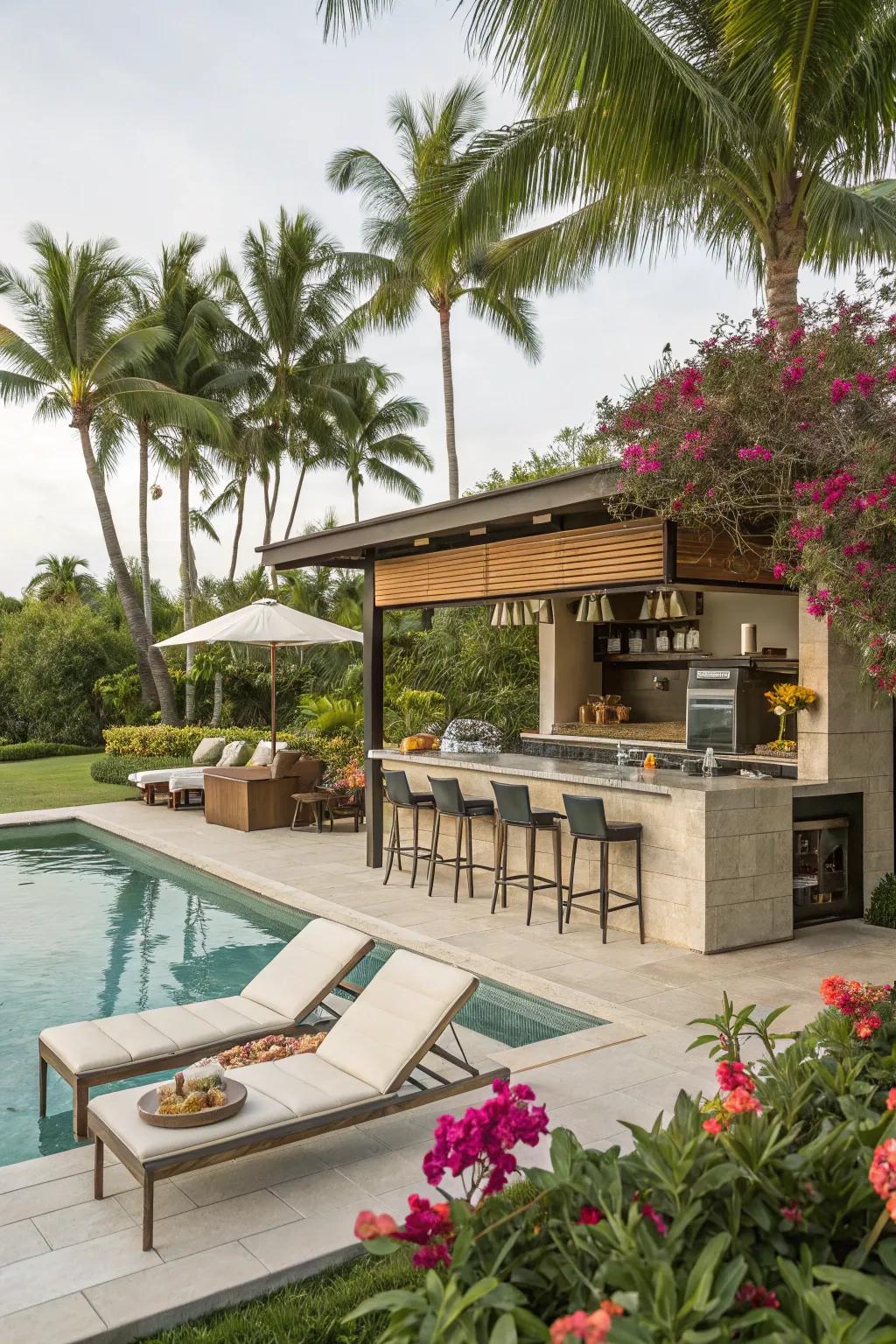 A poolside bar arrangement provides a slice of perpetual resort paradise within your home.