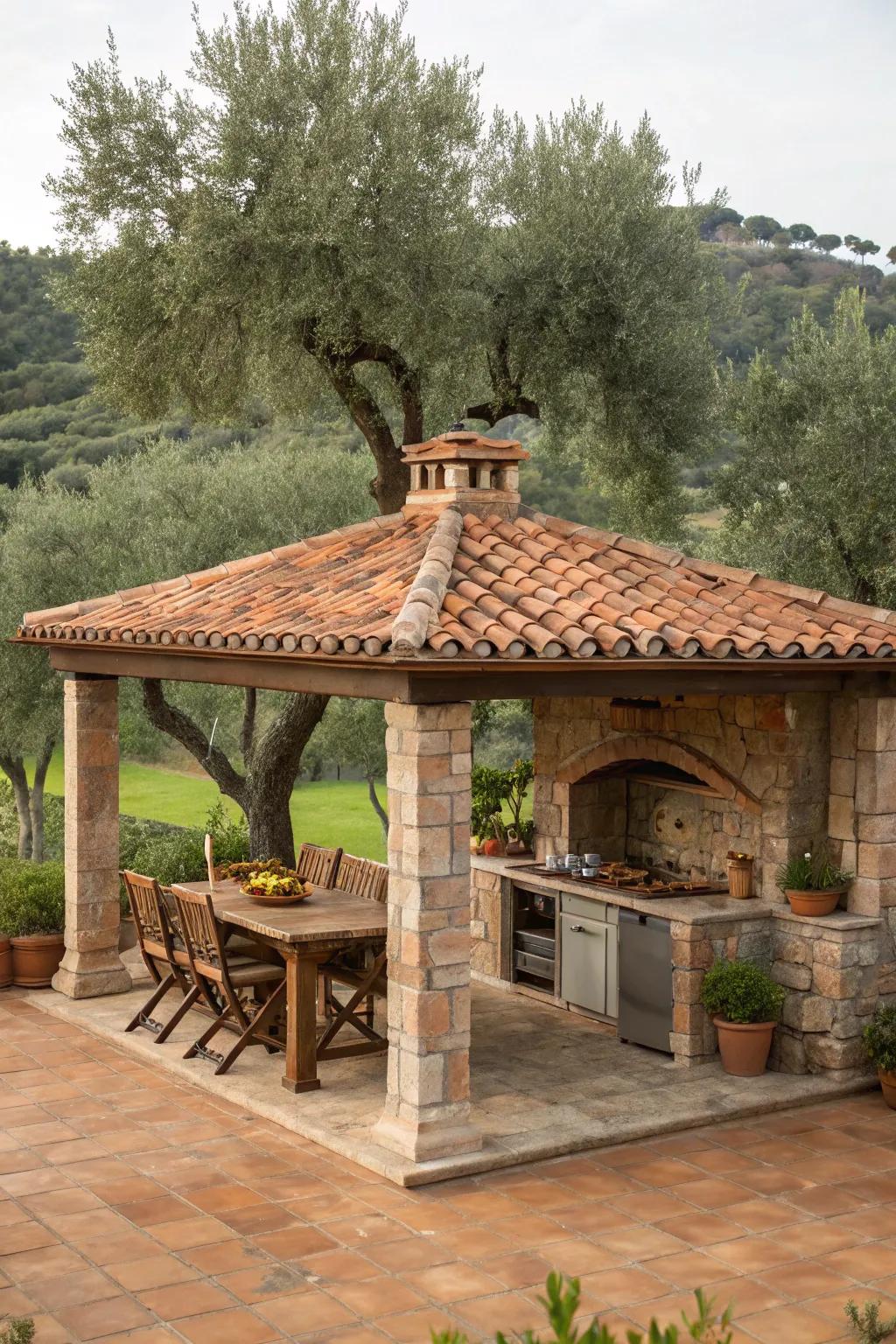 Design a Mediterranean voyage with a stylish outdoor cooking gazebo.